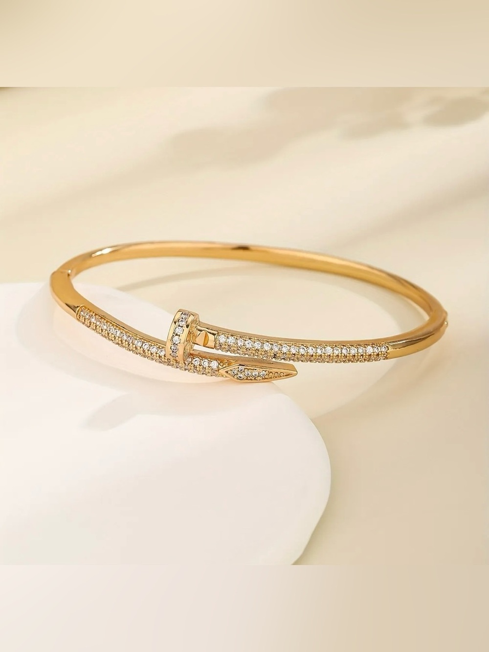 18K Gold Plated Nail Bangle Bracelet Sparkling Cubic Zirconia Cuff Women New